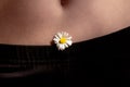 Female beautiful tummy with a chamomile flower in the navel. Perfect body shape