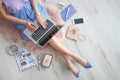 Female beauty blogger with laptop indoors, Royalty Free Stock Photo