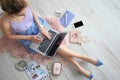 Female beauty blogger with laptop indoors Royalty Free Stock Photo
