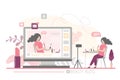 Female beauty blogger making review for cosmetics. Online video stream on monitor screen. Woman on workplace, tripod with