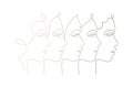 Female beauty concept. Vector one line illustration. Different ethnic woman face avatars by continous line on white background.