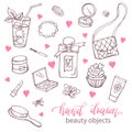 Female beauty and cosmetics accessories. Hand drawn vector set