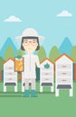 Female bee-keeper at apiary vector illustration.