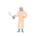 Female beekeeper cartoon character in suit holding smoker tool isolated on white background