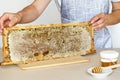 Female beekeeper, chef holding frame with honeycombs on wooden table. glass jar with honey and dipper. Royalty Free Stock Photo