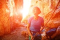 Female belayer with the rope