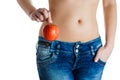 Female belly. Woman Hands holding red apple. IVF, pregnancy, diet concept. Royalty Free Stock Photo