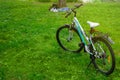 Female bike on the grass in the forest. Picnic in nature