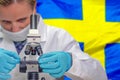 Woman with a microscope against Sweden flag background. Medical technology and pharmaceutical research in Sweden