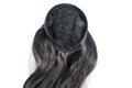 Female black wig isolated on white background. Dark long human hair weaves, extensions and wigs. Woman beauty concept