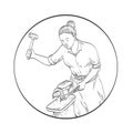 Female Blacksmith Farrier Working on Horseshoe Anvil Front View Comics Style Drawing Royalty Free Stock Photo