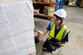 Female blonde hair factory company employee scanning box checking number of products on goods shelves with tablet in warehouse.