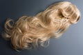 Female blonde wig close up on grey background. Golden human hair weaves, extensions and wigs. Woman beauty concept