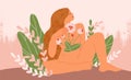 Female blooming from within flat vector illustration. Nude woman with flowers growing from chest. Girl with long hair
