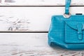 Female blue leather handbag, copy space. Royalty Free Stock Photo
