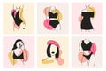 Female body elements cards. Minimalist hand drawn woman bodies design template vector illustration set. Outline woman