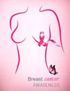 Female body outline with a pink ribbon and a butterfly. Breast cancer awareness.