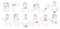 Female body painful zone set, vector illustration. Sick patient body parts red pain dots. Migraine, headache, backache.