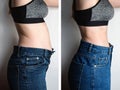 Female body before and after weight loss, diet concept. Woman is measuring belly and legs in jeans. Side view. Royalty Free Stock Photo