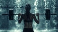 Female bodybuilder doing exercise with weight bar in heavy rain.