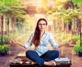 Female bookkeeper yoga meditation on the table