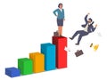 Female boss leader standing on bar chart top and male employee falling down from it, vector illustration. Feminism.