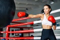 Female boxer hitting a huge punching bag at fitness gym Royalty Free Stock Photo