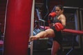 Female boxer practicing kickboxing Royalty Free Stock Photo