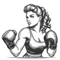 Female Boxer Ready to Fight engraving vector