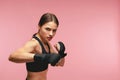 Female Boxer. Sportswoman Training In Boxing Bandages