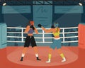 Female boxers fighting on arena vector illustration. Women boxing tournament