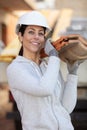 female bricklayer working with brick blocks Royalty Free Stock Photo