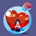 Female with broken and old heart in glass bottle. sad emotional concept - vector Royalty Free Stock Photo