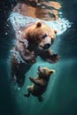 a female brown bear dives into the water to save her cubs created with Generative AI Technology