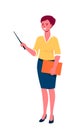 Female brown hair teacher vector illustration. Smiling teacher with pointer. Teacher stands and holds pointer. Flat