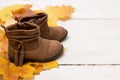 Female brown shoes satanding on white wooden table with yellow autumn leaves Royalty Free Stock Photo