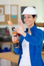 female builder trying to catch dangling carrot Royalty Free Stock Photo