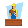 A female builder is working as a bricklayer. Cartoon character. Color vector illustration. Flat style