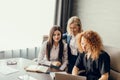 Female business partners have online meeting with potential investor with laptop Royalty Free Stock Photo