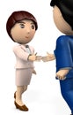 A female business person shaking hands with a business partner. Looks over the shoulders of a male business partner.