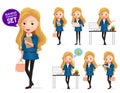 Female business vector characters set. Businesswoman character holding paper works and thinking ideas.