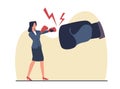 Female businessman boxing with big hand, concept of unfair competition. Woman in boxing gloves fighting. Confrontation