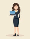 A female businessman shows a laptop. Vector illustration