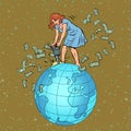 A female businesswoman with a jackhammer extracts money from the planet earth. Natural resources. Global Economy, Global Royalty Free Stock Photo