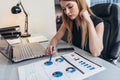 Female businesswoman readind financial report analyzing statistics pointing at pie chart working at her desk