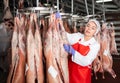 Female butcher checking raw lamb carcasses hanging in chilling room Royalty Free Stock Photo