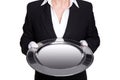 Female butler holding a silver tray isolated. Royalty Free Stock Photo