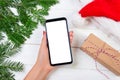 Female buyer makes order at screen of smartphone with copy space. Christmas online shopping. Woman buys presents for xmas. Winter Royalty Free Stock Photo