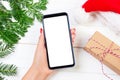 Female buyer makes order at screen of smartphone with copy space. Christmas online shopping. Woman buys presents for Royalty Free Stock Photo