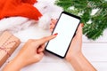Female buyer makes order at screen of smartphone with copy space. Winter holidays sales. Christmas online shopping. Toned